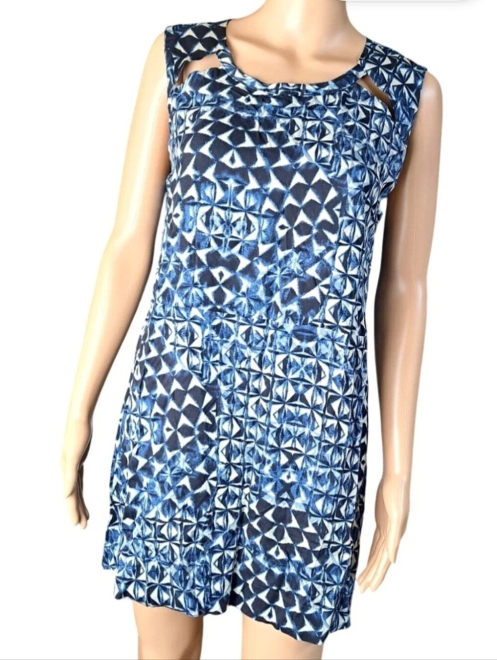 Lucky Brand Blue Geometric Print w/ Cutouts Sleeveless Mini Shift Dress, Size M